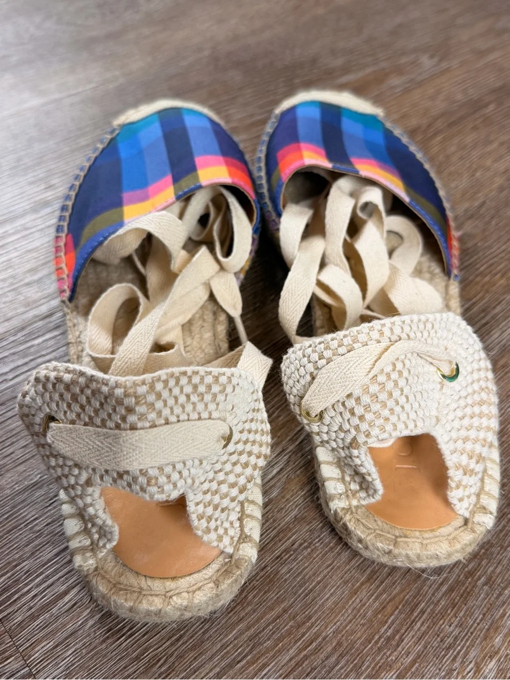 SALE J.Crew D'Orsay Espadrille Plaid Madras Sandals Rainbow Lace-Up | NWOT 9.5